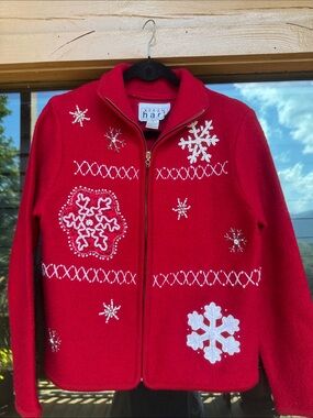 KEREN hart Red Kids Zip-Up Snowflake Wool Christmas Sweater Jacket